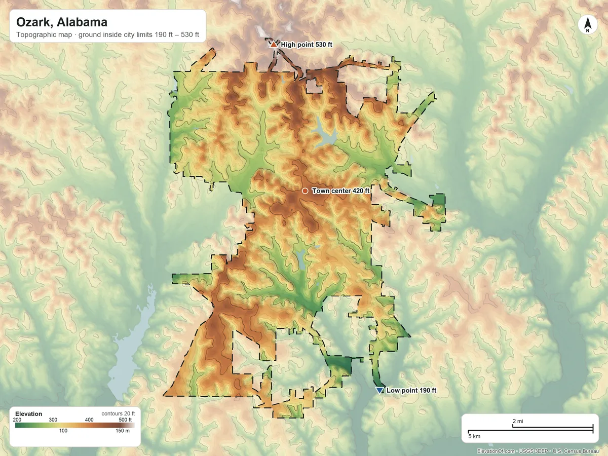 Topographic elevation map of Ozark, Alabama, shaded from 190 ft on the south side to 530 ft on the north side