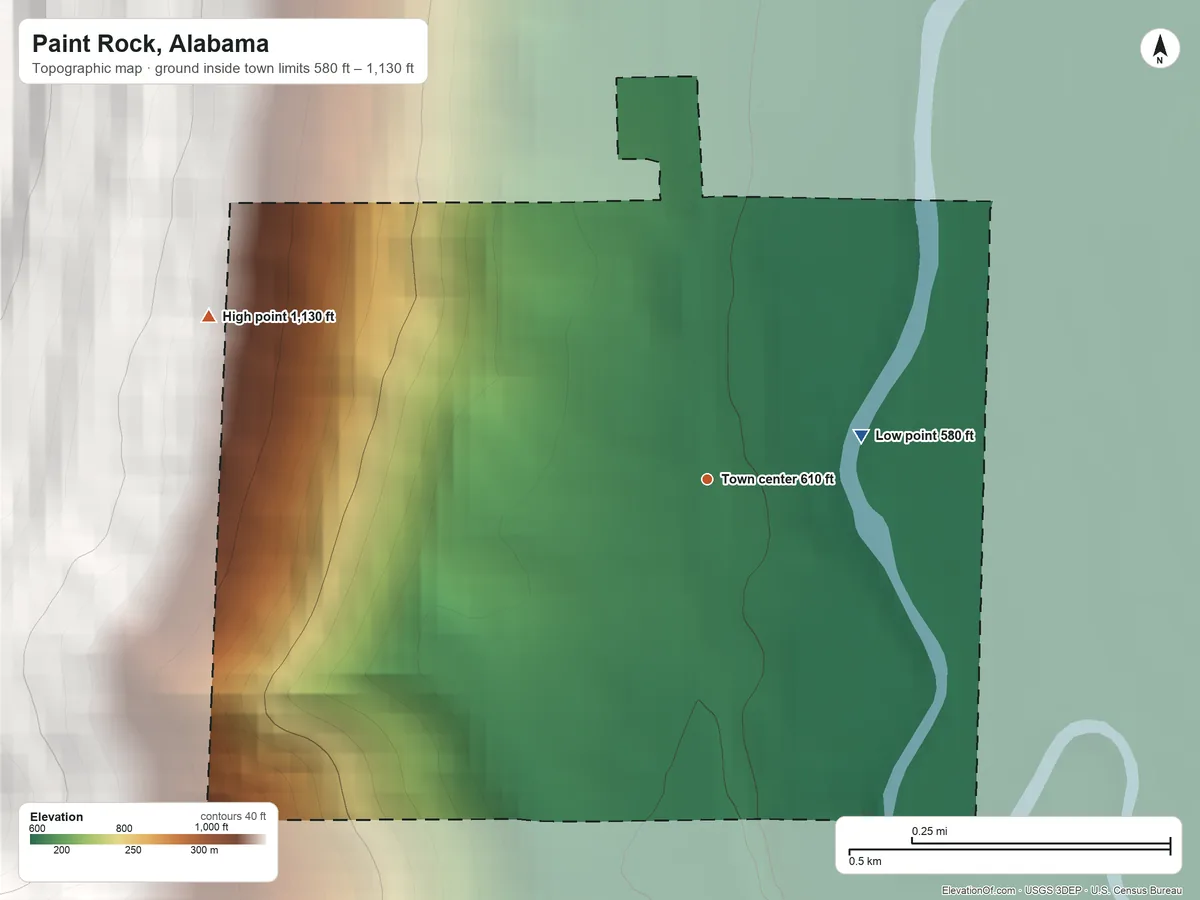 Topographic elevation map of Paint Rock, Alabama, shaded from 580 ft on the east side to 1,130 ft on the west edge, below higher ground just outside