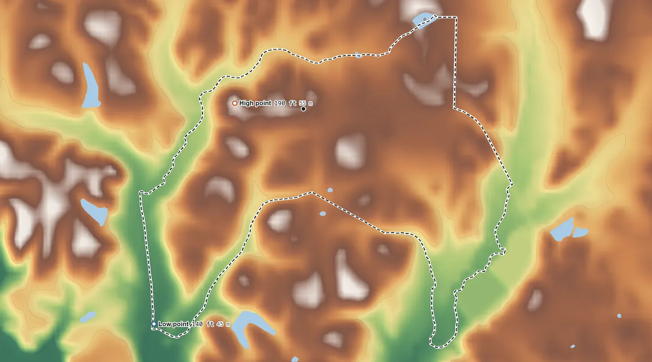 Topographic elevation map of Panola, Alabama, shaded from 140 ft on the southwest side to 190 ft on the west side
