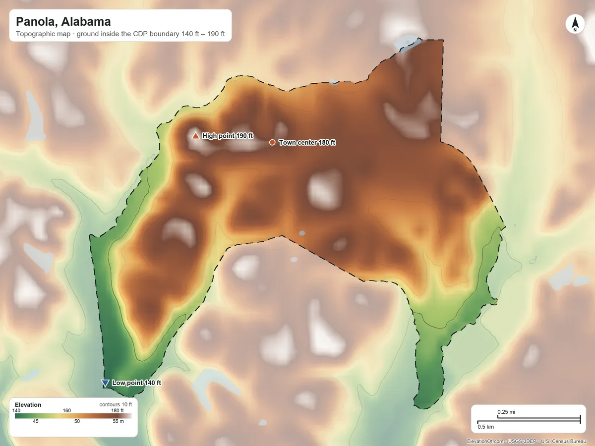 Topographic elevation map of Panola, Alabama, shaded from 140 ft on the southwest side to 190 ft on the west side