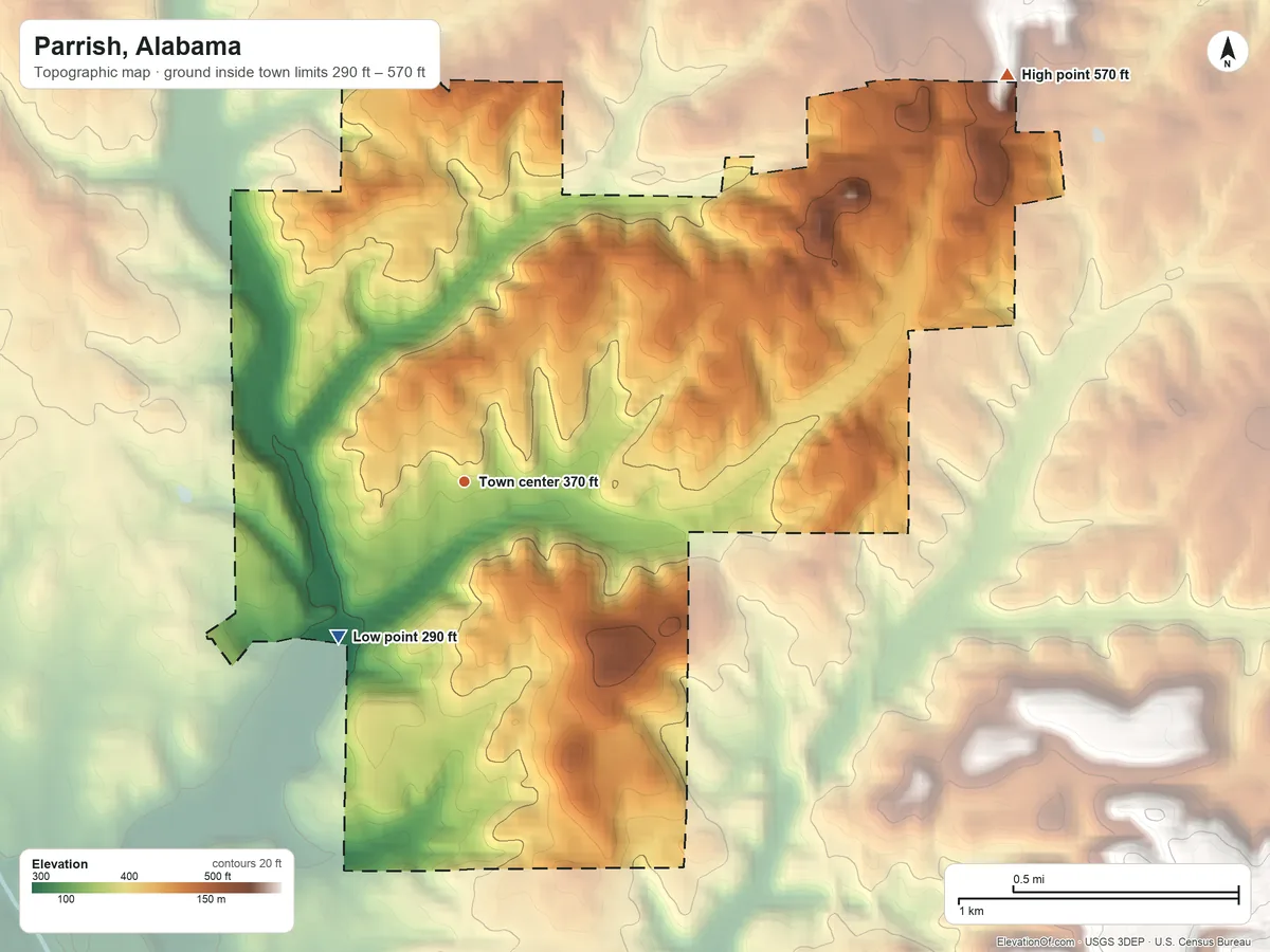 Topographic elevation map of Parrish, Alabama, shaded from 290 ft on the southwest side to 570 ft on the northeast side