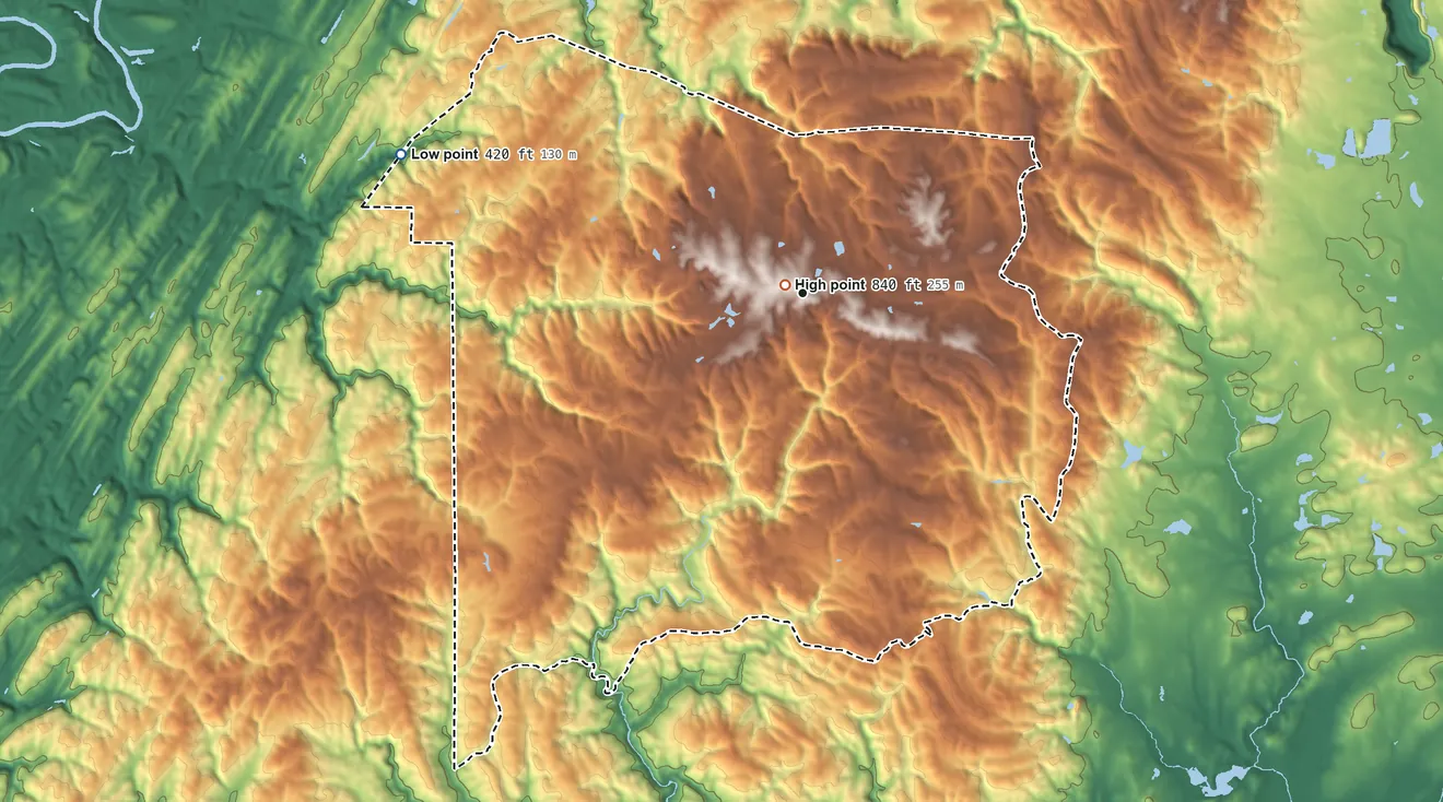Topographic elevation map of Pea Ridge, Alabama, shaded from 420 ft on the west side to 840 ft near the middle