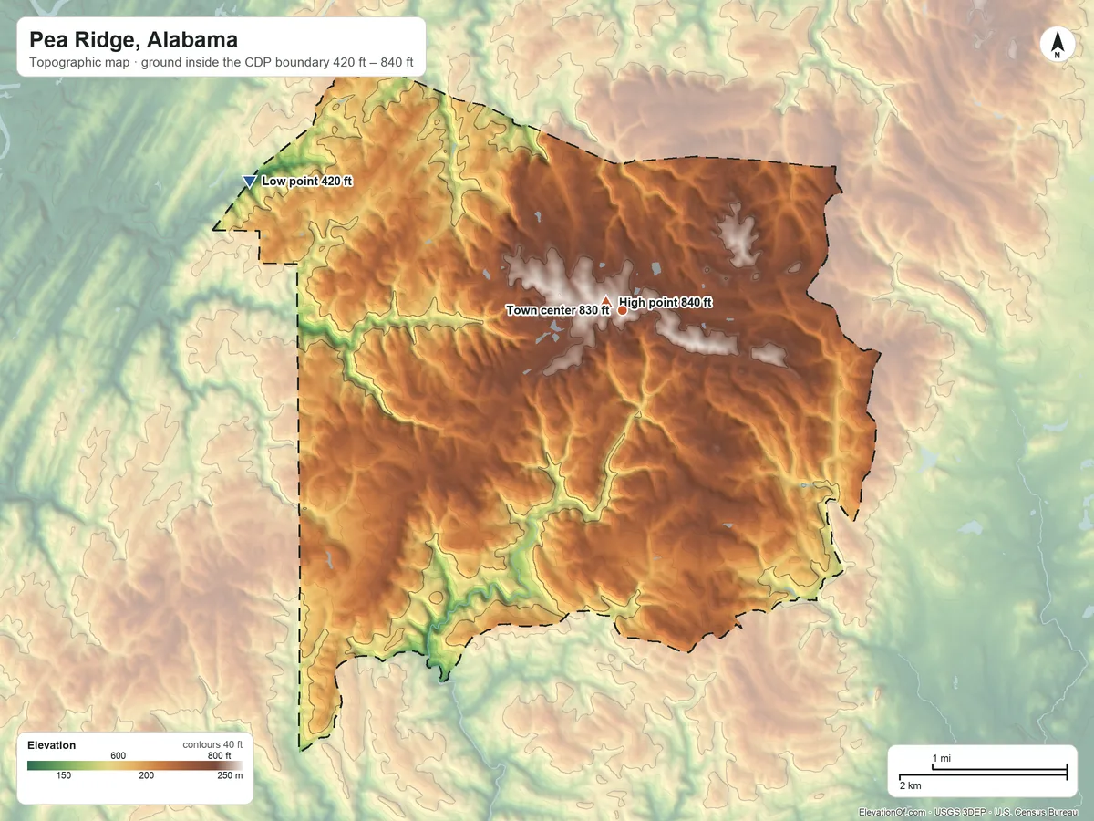 Topographic elevation map of Pea Ridge, Alabama, shaded from 420 ft on the west side to 840 ft near the middle