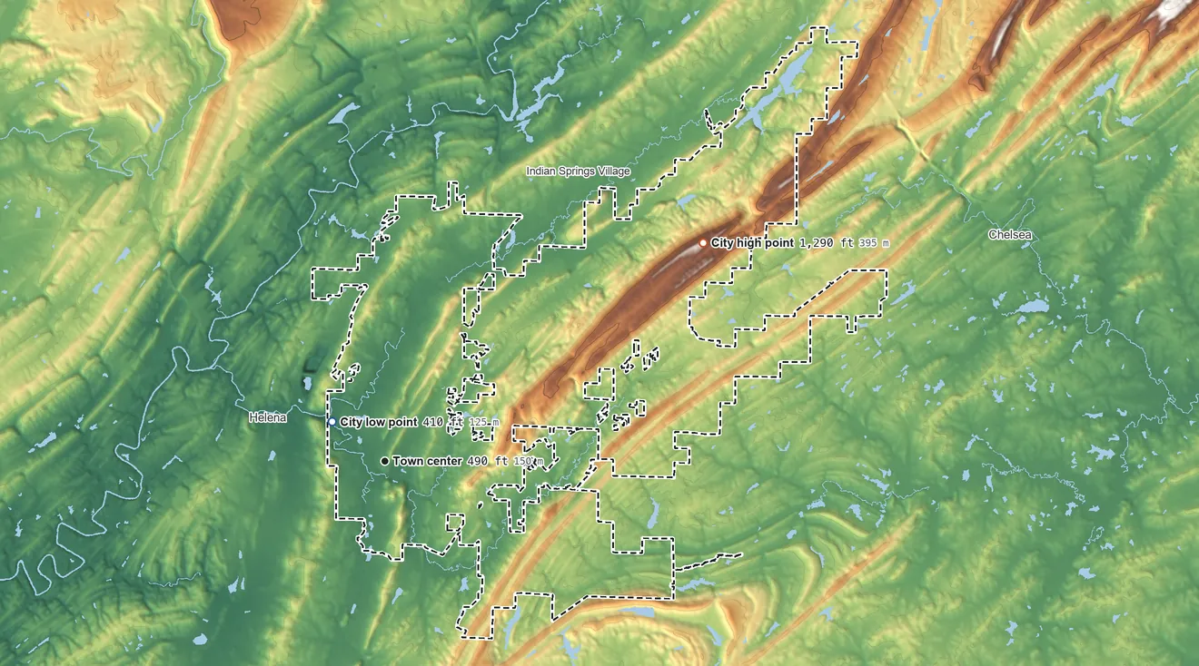 Topographic elevation map of Pelham, Alabama, shaded from 410 ft near the middle to 1,290 ft on the northeast side