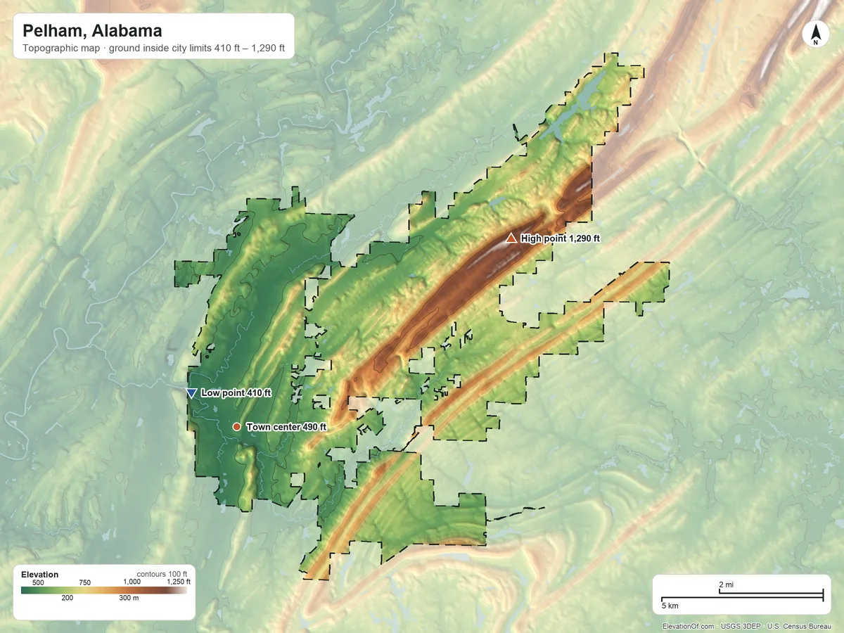 Topographic elevation map of Pelham, Alabama, shaded from 410 ft near the middle to 1,290 ft on the northeast side