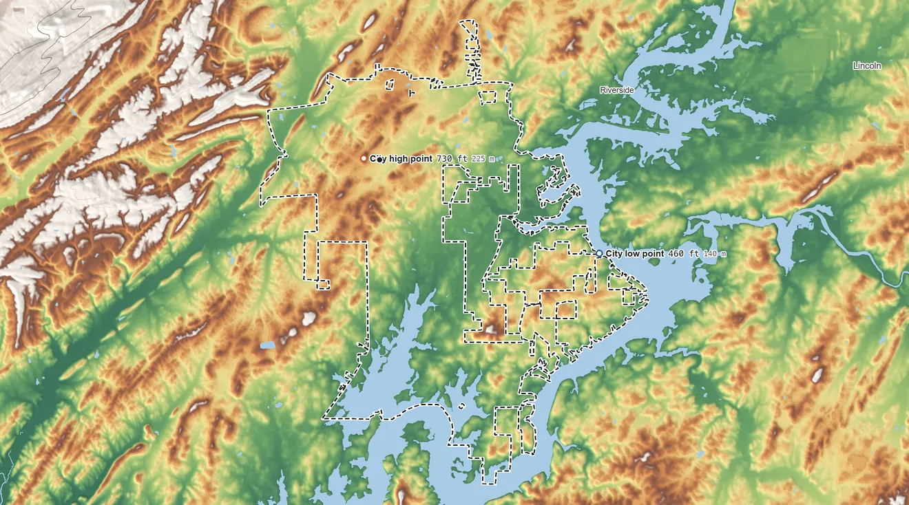 Topographic elevation map of Pell City, Alabama, shaded from 460 ft on the southeast side to 730 ft near the middle
