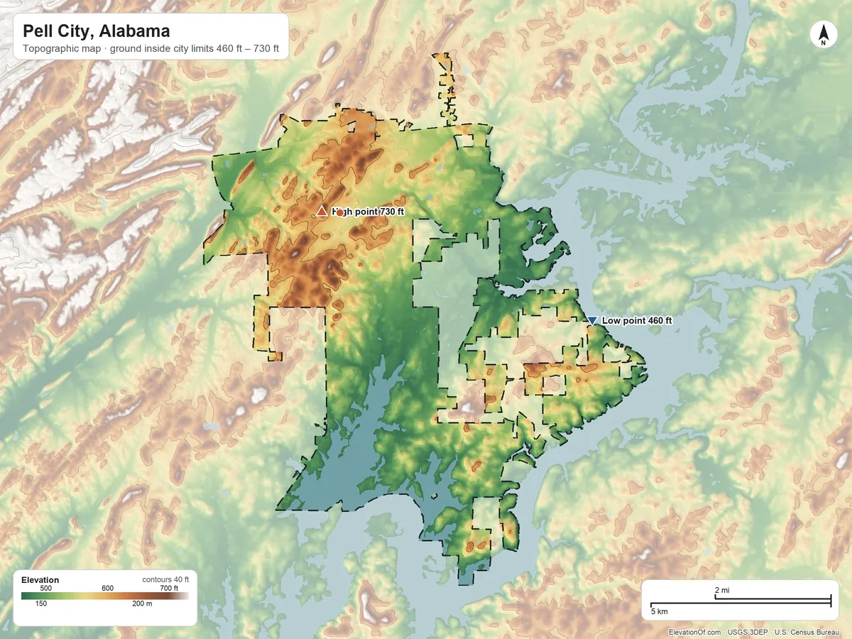 Topographic elevation map of Pell City, Alabama, shaded from 460 ft on the southeast side to 730 ft near the middle