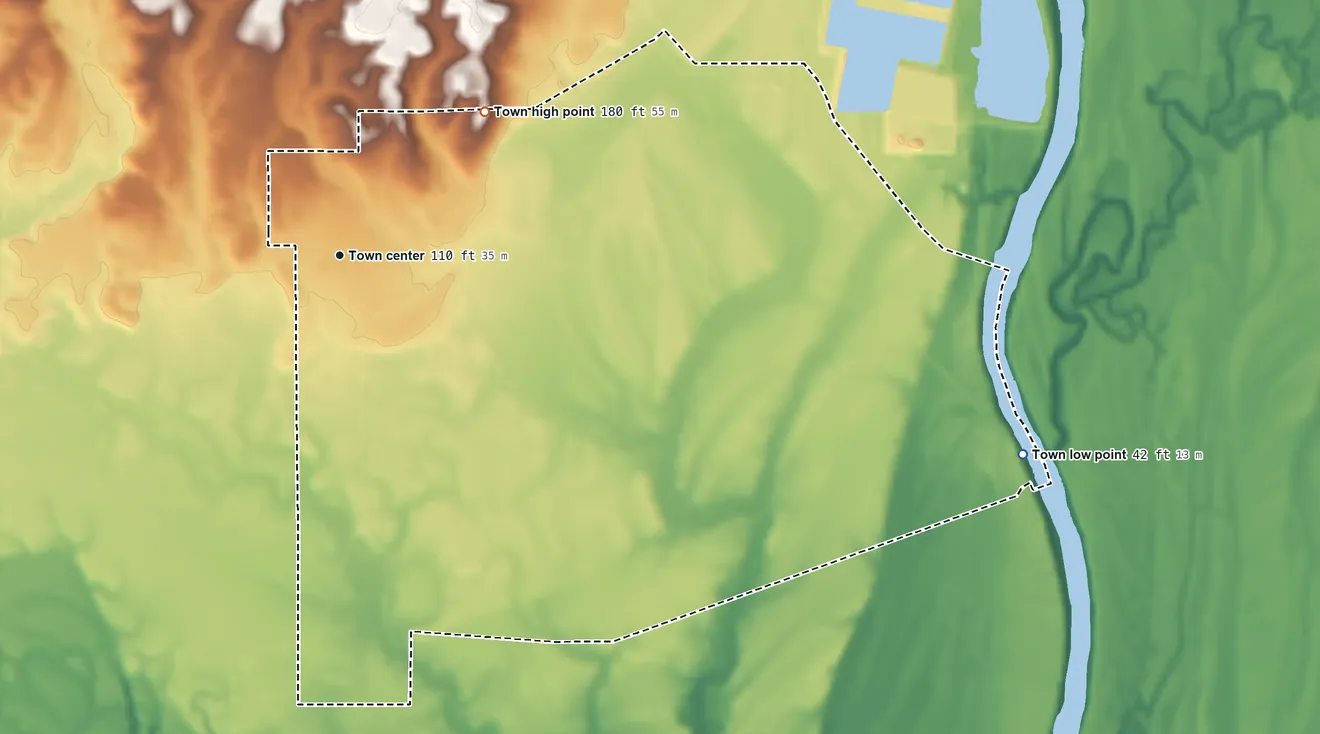 Topographic elevation map of Pennington, Alabama, shaded from 42 ft on the east side to 180 ft on the northeast side
