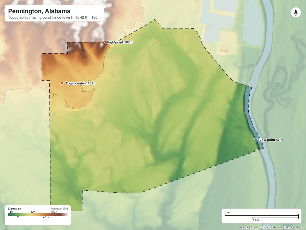 Topographic elevation map of Pennington, Alabama, shaded from 42 ft on the east side to 180 ft on the northeast side