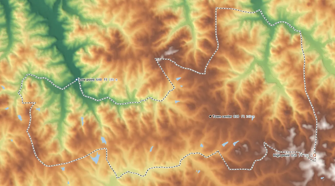 Topographic elevation map of Penton, Alabama, shaded from 640 ft on the west side to 850 ft on the east side