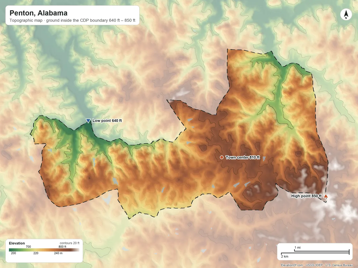 Topographic elevation map of Penton, Alabama, shaded from 640 ft on the west side to 850 ft on the east side