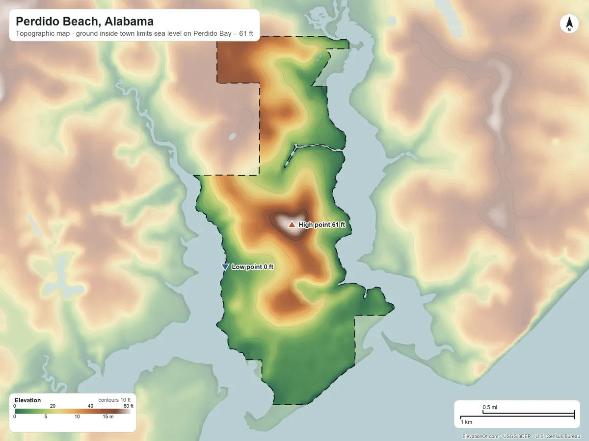 Topographic elevation map of Perdido Beach, Alabama, shaded from sea level level on Perdido Bay to 61 ft near the middle