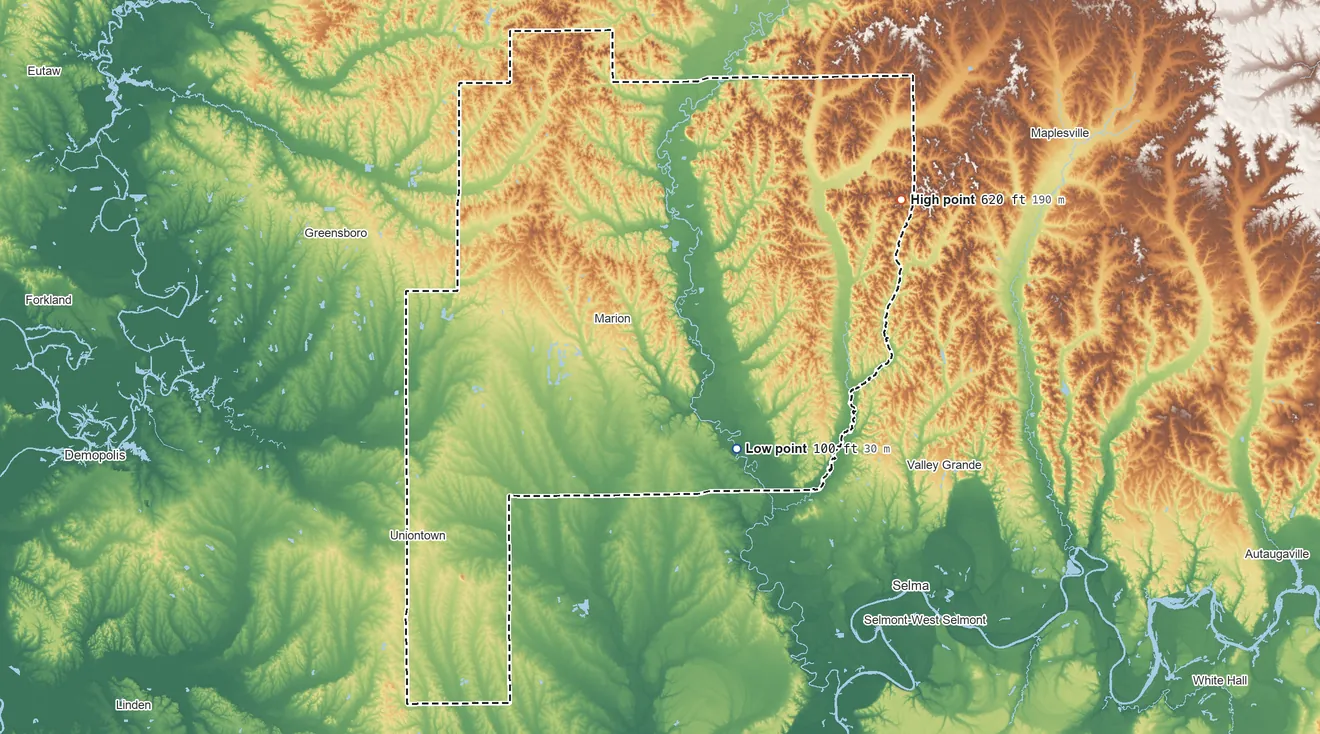 Topographic elevation map of Perry County, Alabama, shaded from 100 ft on the southeast side to 620 ft on the northeast side