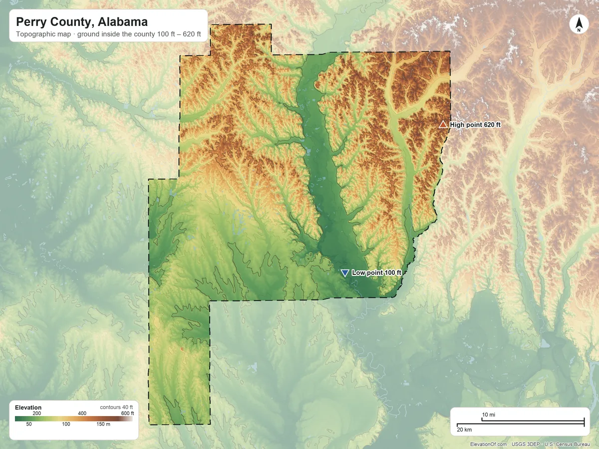 Topographic elevation map of Perry County, Alabama, shaded from 100 ft on the southeast side to 620 ft on the northeast side