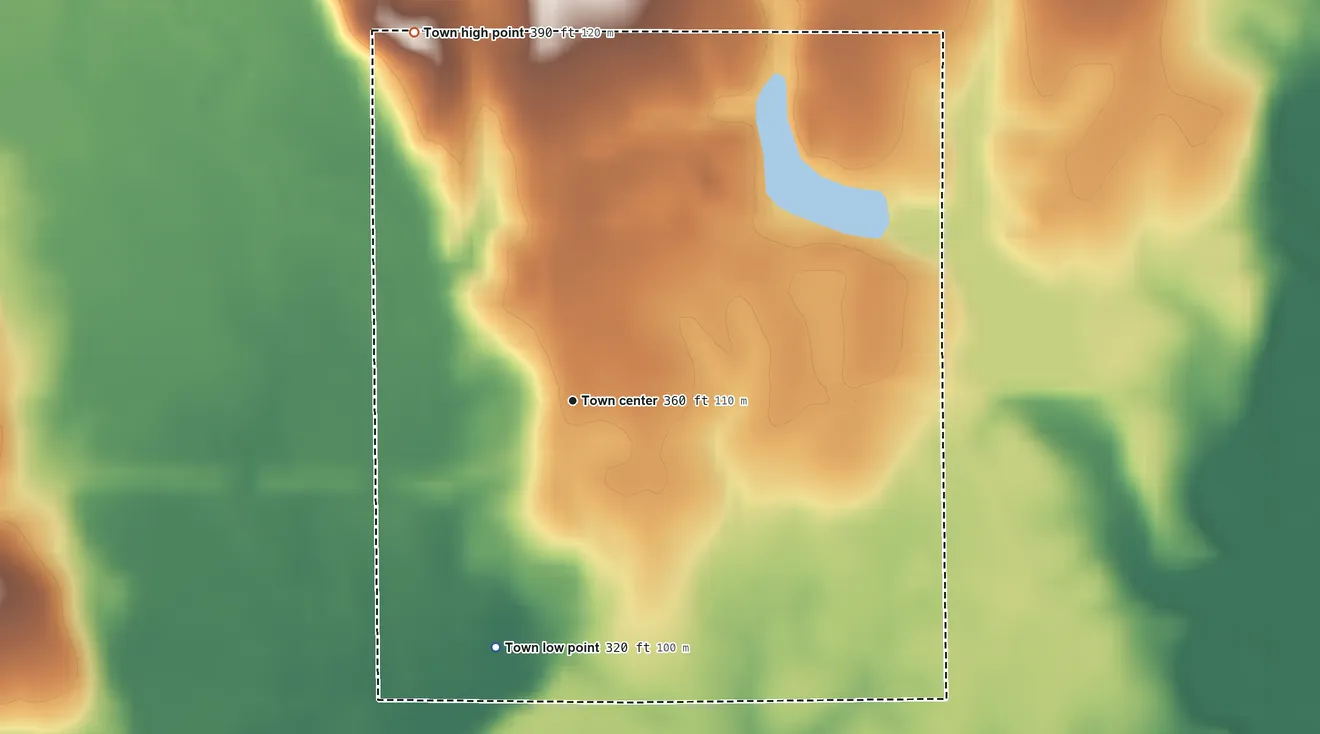 Topographic elevation map of Petrey, Alabama, shaded from 320 ft on the south side to 390 ft on the northwest side