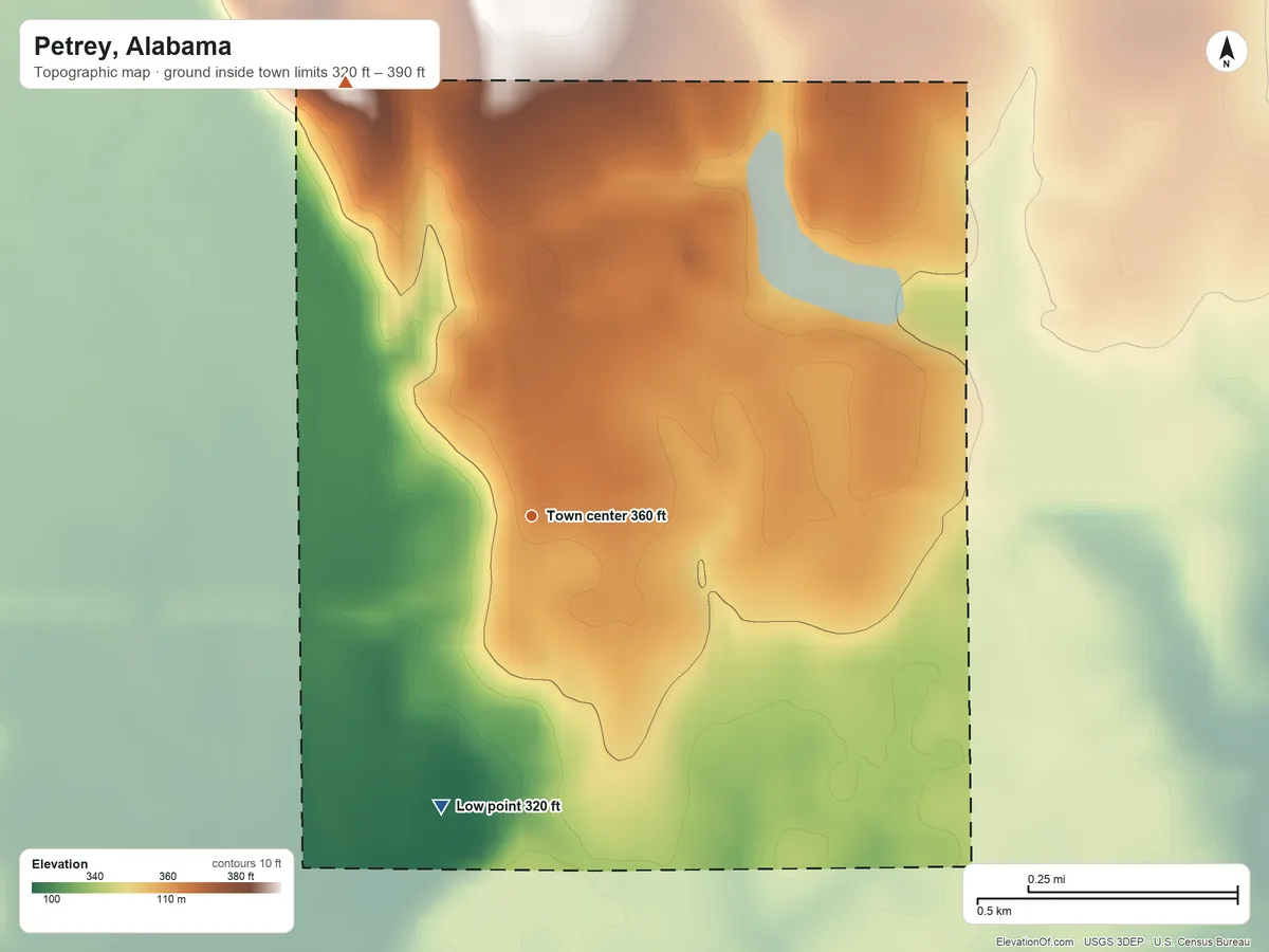Topographic elevation map of Petrey, Alabama, shaded from 320 ft on the south side to 390 ft on the northwest side