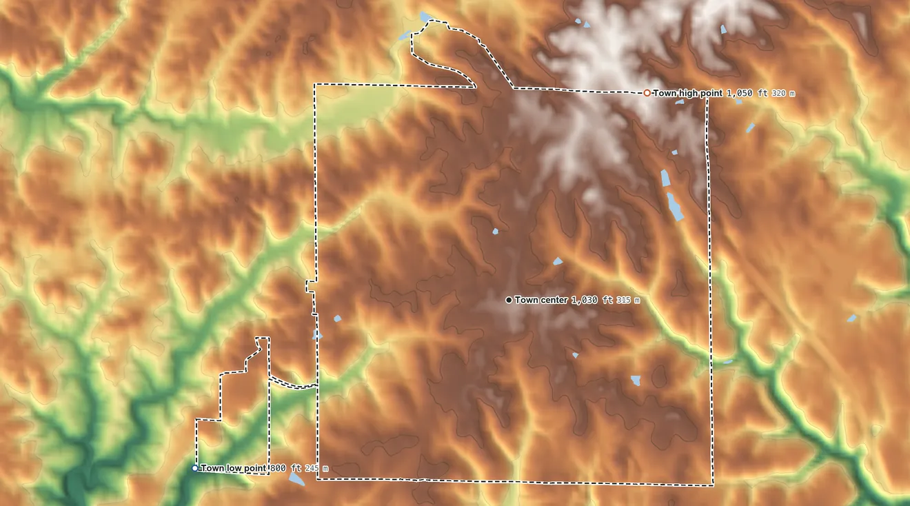 Topographic elevation map of Phil Campbell, Alabama, shaded from 800 ft on the southwest side to 1,050 ft on the northeast side