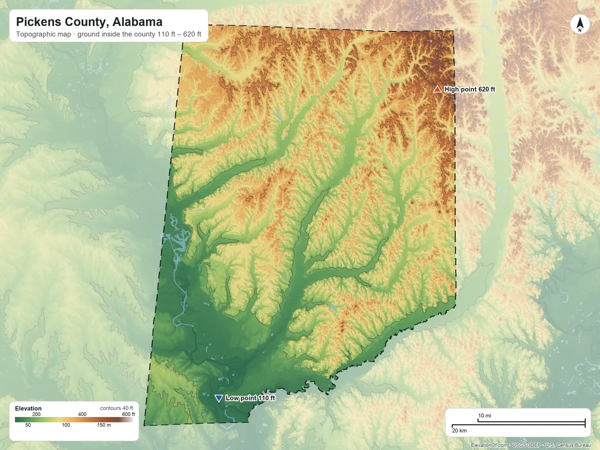 Topographic elevation map of Pickens County, Alabama, shaded from 110 ft on the southwest side to 620 ft on the northeast side