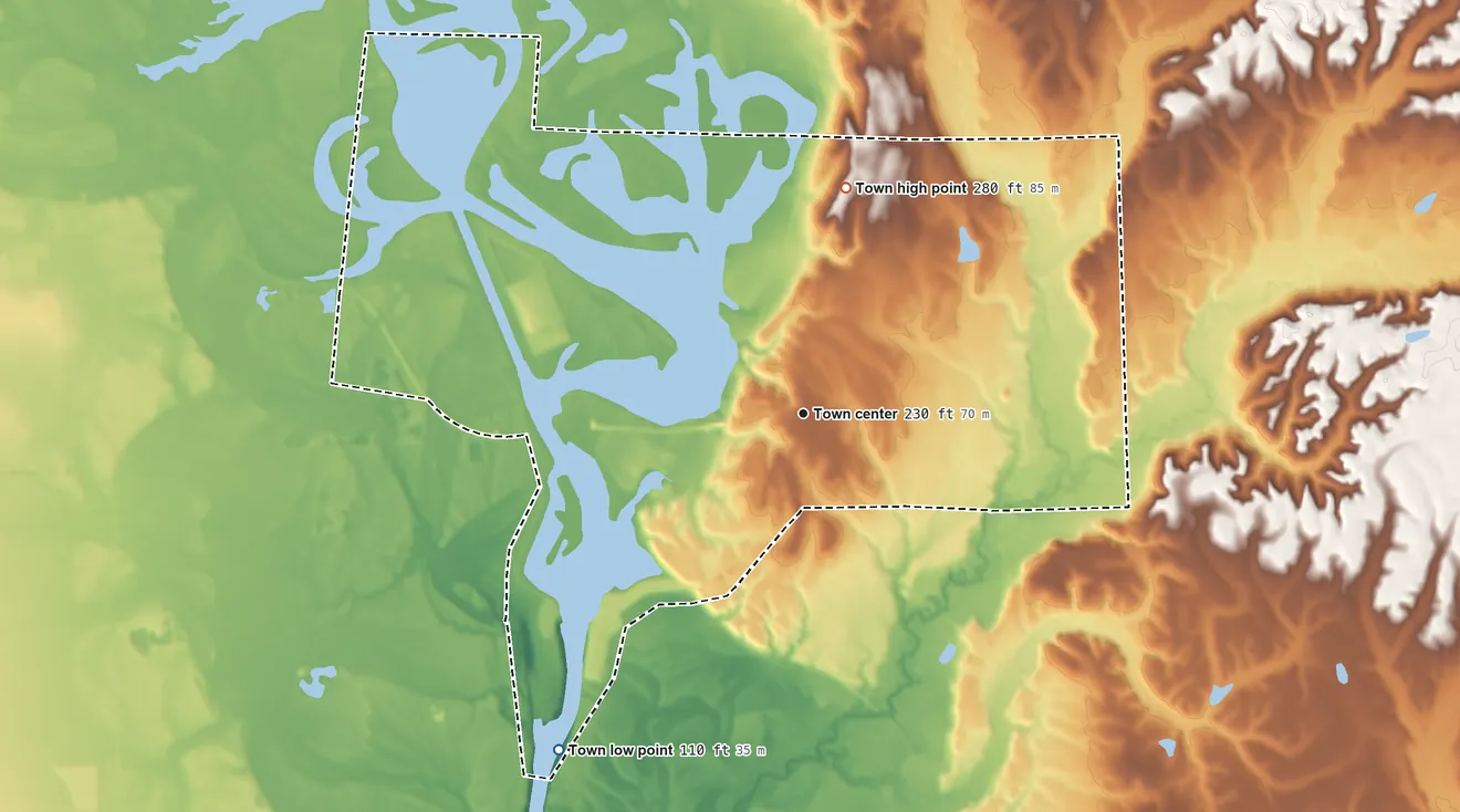 Topographic elevation map of Pickensville, Alabama, shaded from 110 ft on the southwest side to 280 ft on the north side