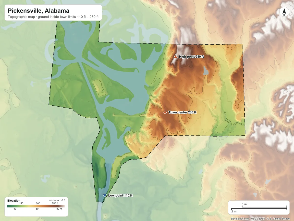 Topographic elevation map of Pickensville, Alabama, shaded from 110 ft on the southwest side to 280 ft on the north side