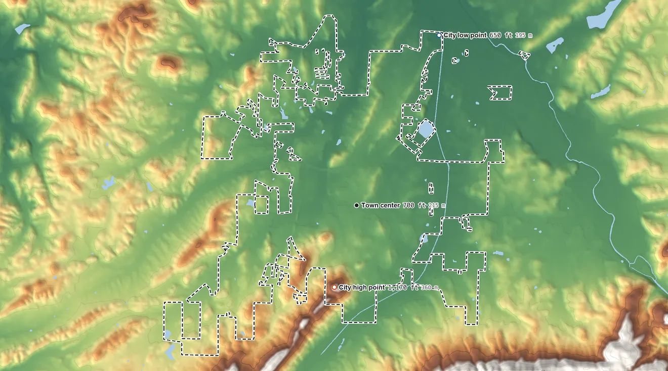Topographic elevation map of Piedmont, Alabama, shaded from 650 ft on the northeast side to 1,170 ft on the south side