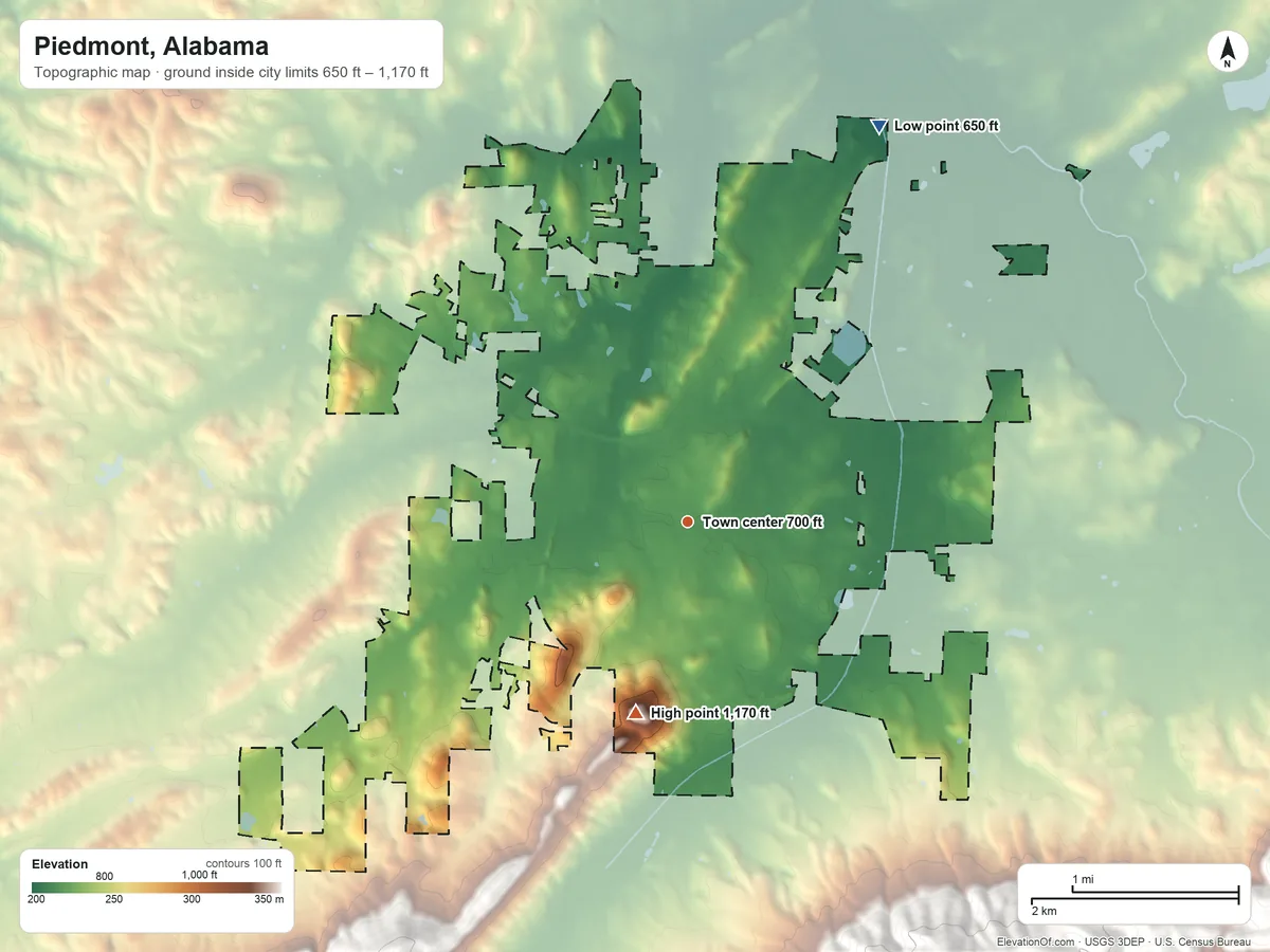 Topographic elevation map of Piedmont, Alabama, shaded from 650 ft on the northeast side to 1,170 ft on the south side