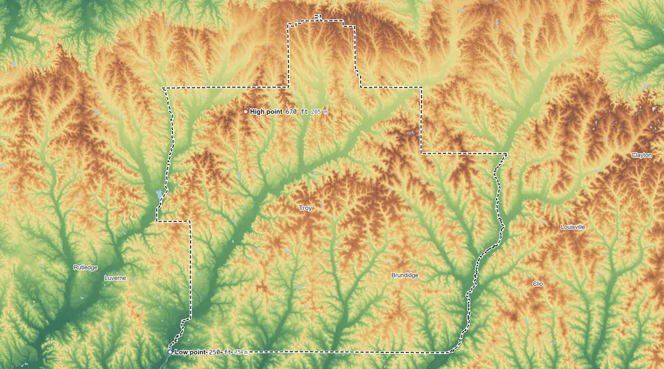 Topographic elevation map of Pike County, Alabama, shaded from 250 ft on the southwest side to 670 ft on Becks Mountain