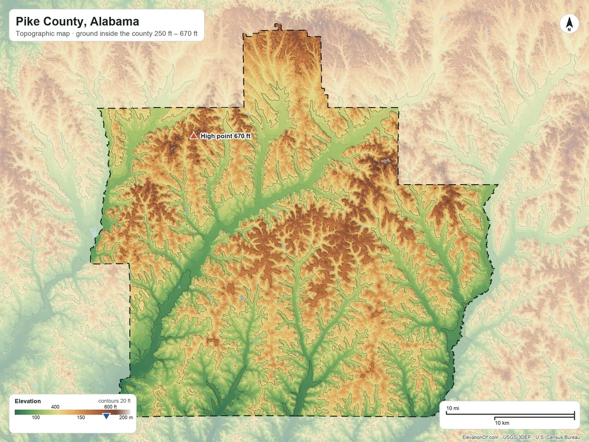 Topographic elevation map of Pike County, Alabama, shaded from 250 ft on the southwest side to 670 ft on Becks Mountain