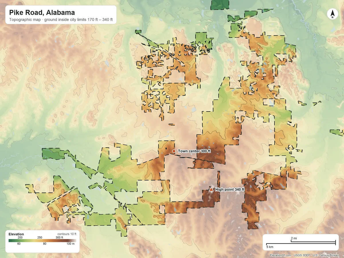 Topographic elevation map of Pike Road, Alabama, shaded from 170 ft on the north side to 340 ft on the southeast side