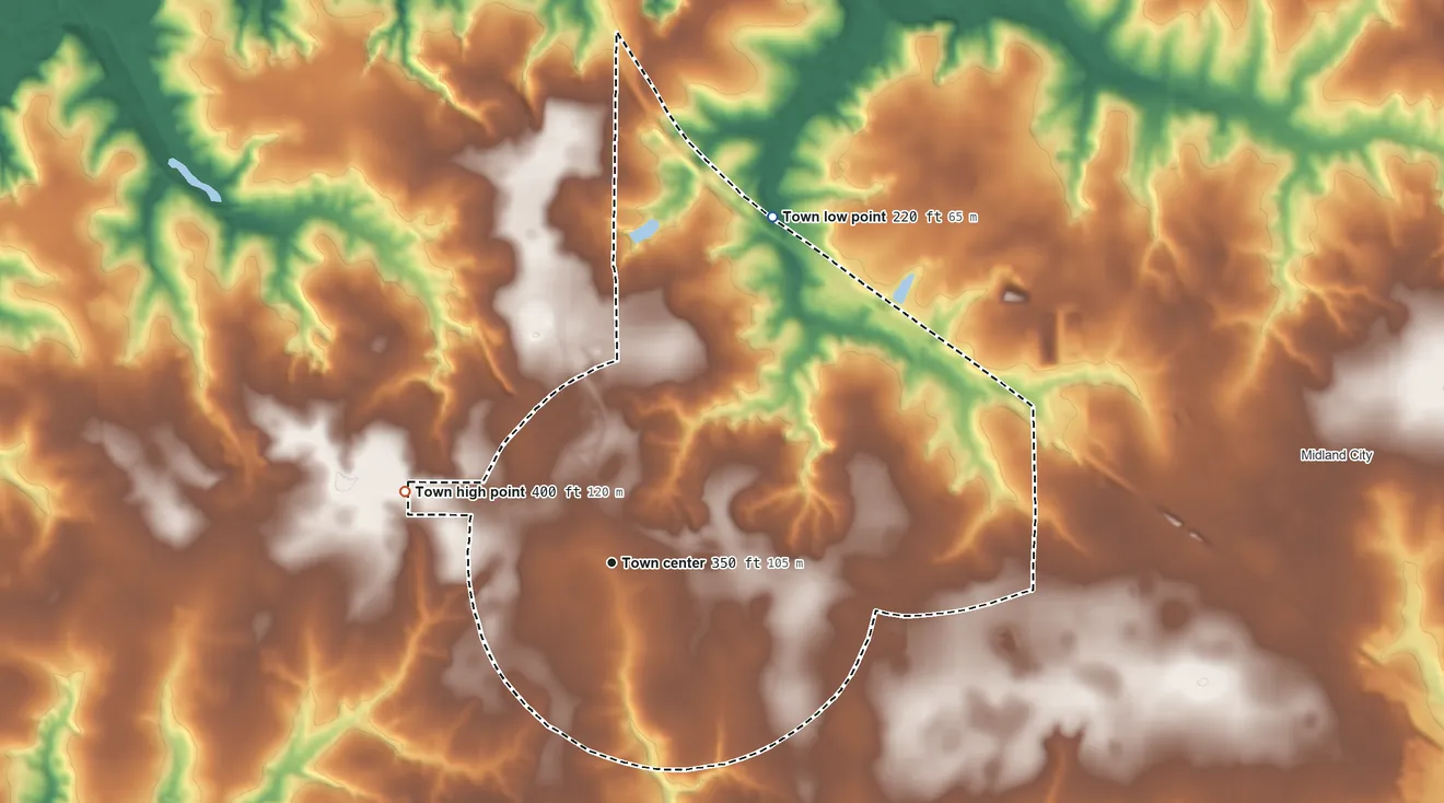 Topographic elevation map of Pinckard, Alabama, shaded from 220 ft on the northeast side to 400 ft on the west side