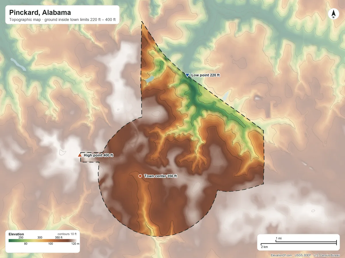 Topographic elevation map of Pinckard, Alabama, shaded from 220 ft on the northeast side to 400 ft on the west side