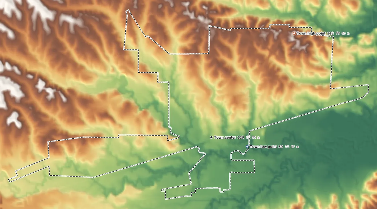 Topographic elevation map of Pine Hill, Alabama, shaded from 89 ft near the middle to 210 ft on the northeast side