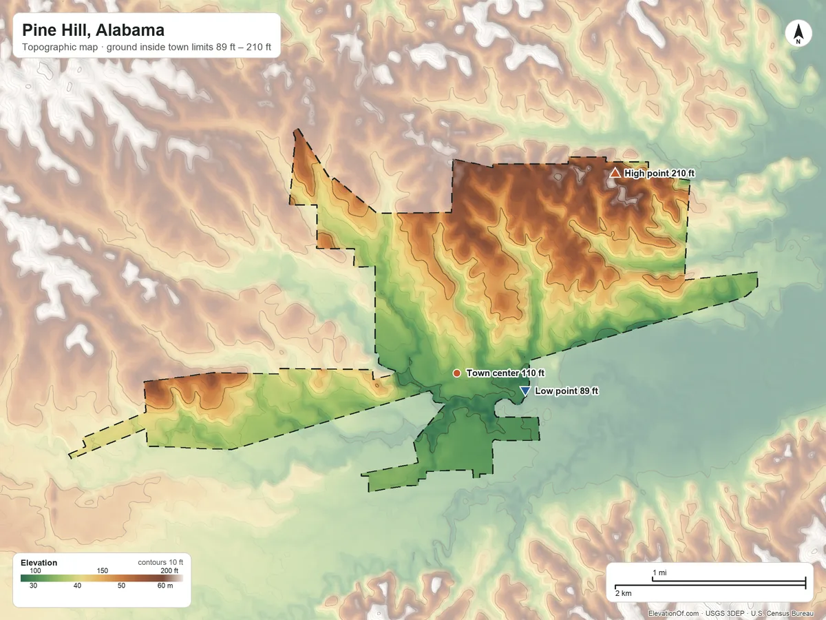 Topographic elevation map of Pine Hill, Alabama, shaded from 89 ft near the middle to 210 ft on the northeast side
