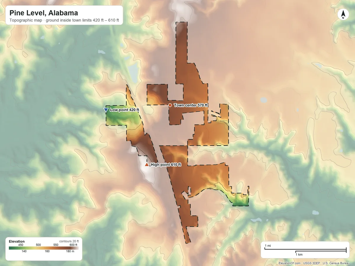 Topographic elevation map of Pine Level, Alabama, shaded from 420 ft on the west side to 610 ft on the south side