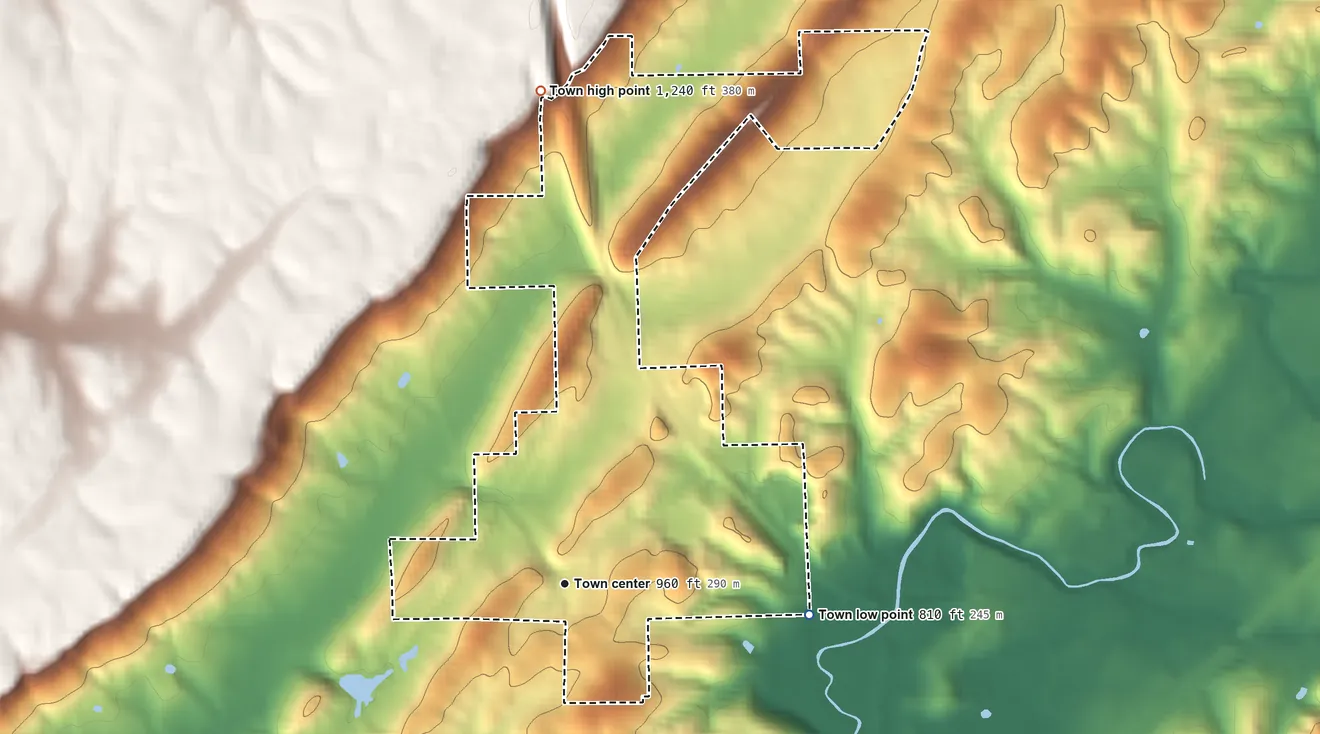 Topographic elevation map of Pine Ridge, Alabama, shaded from 810 ft on the east side to 1,240 ft on the north side