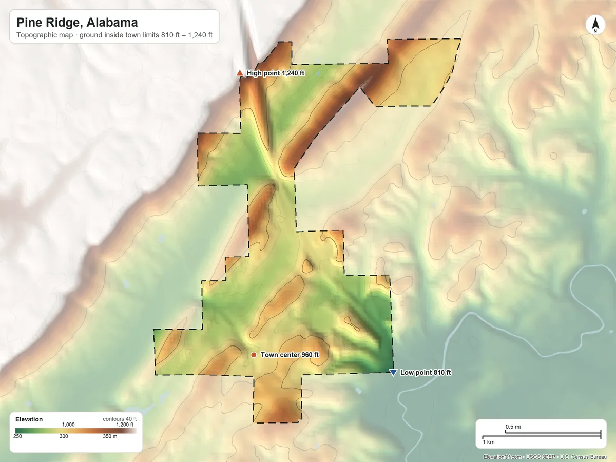 Topographic elevation map of Pine Ridge, Alabama, shaded from 810 ft on the east side to 1,240 ft on the north side