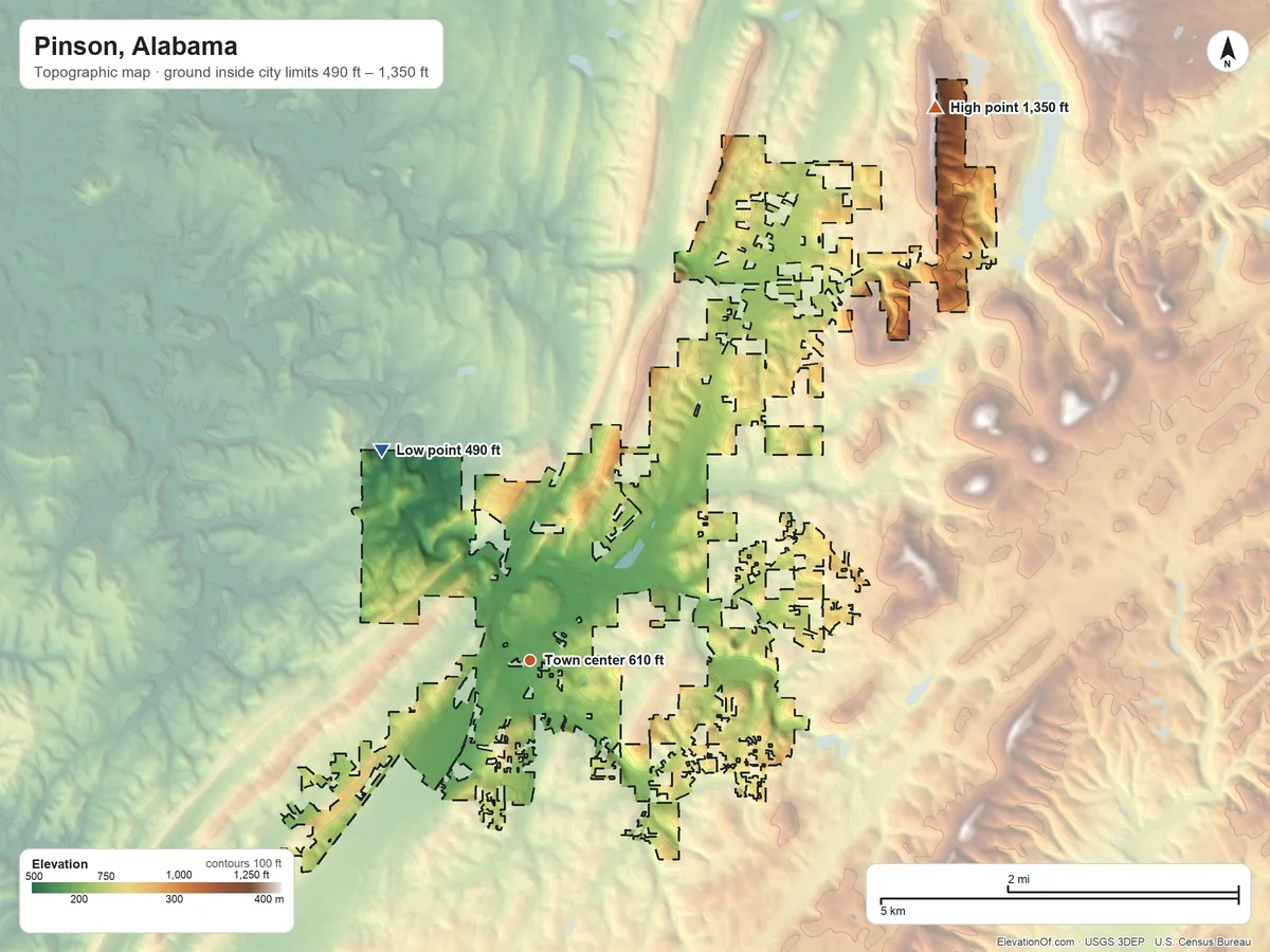 Topographic elevation map of Pinson, Alabama, shaded from 490 ft on the northwest side to 1,350 ft on Village Mountain