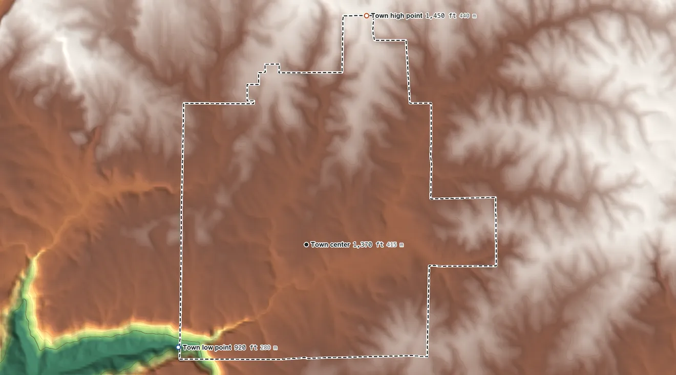 Topographic elevation map of Pisgah, Alabama, shaded from 920 ft on the southwest side to 1,450 ft on the north side