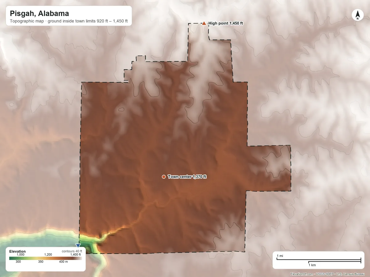 Topographic elevation map of Pisgah, Alabama, shaded from 920 ft on the southwest side to 1,450 ft on the north side