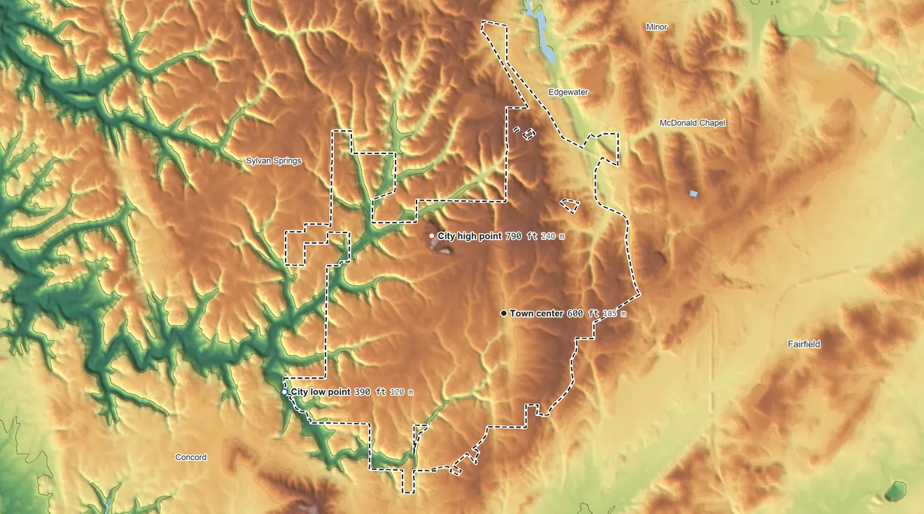 Topographic elevation map of Pleasant Grove, Alabama, shaded from 390 ft on the west side to 790 ft on the northwest side