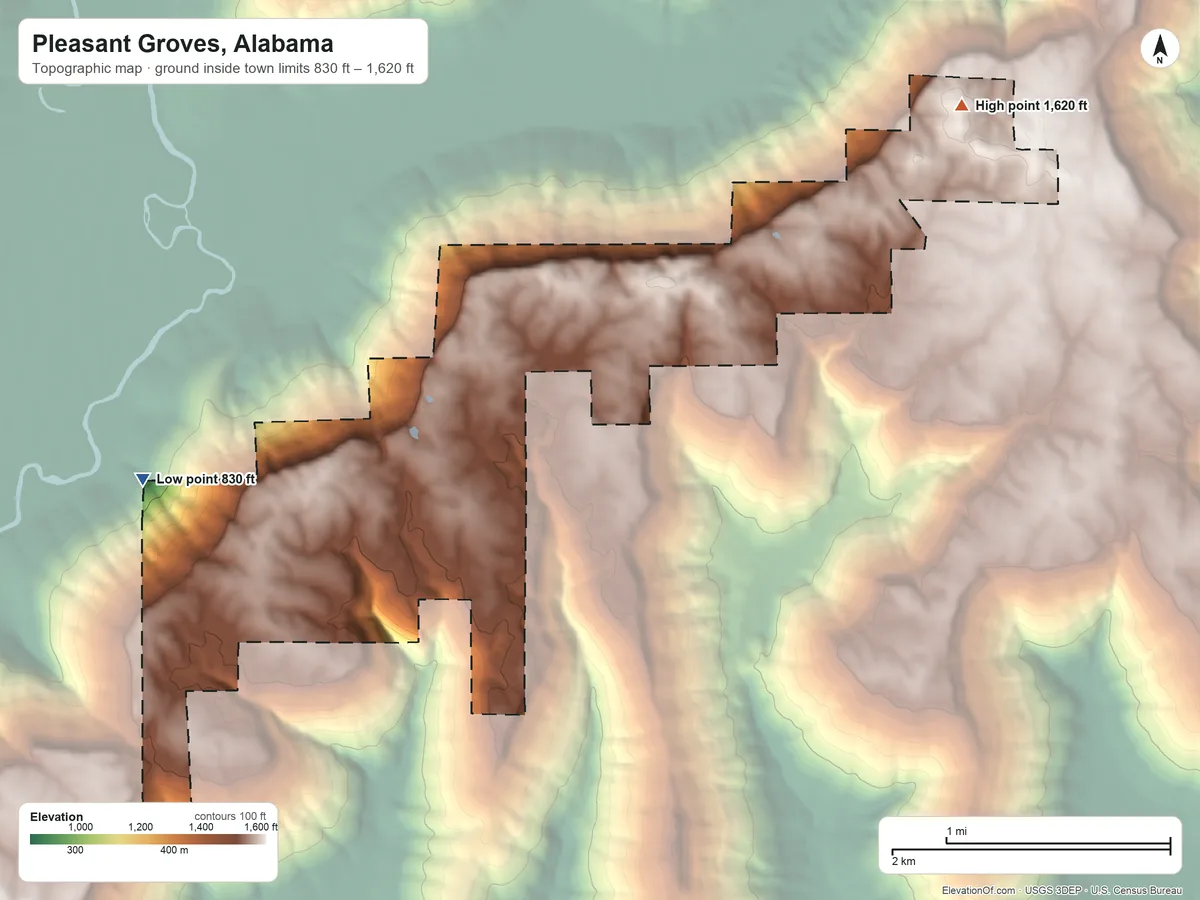 Topographic elevation map of Pleasant Groves, Alabama, shaded from 830 ft on the west side to 1,620 ft on the northeast side