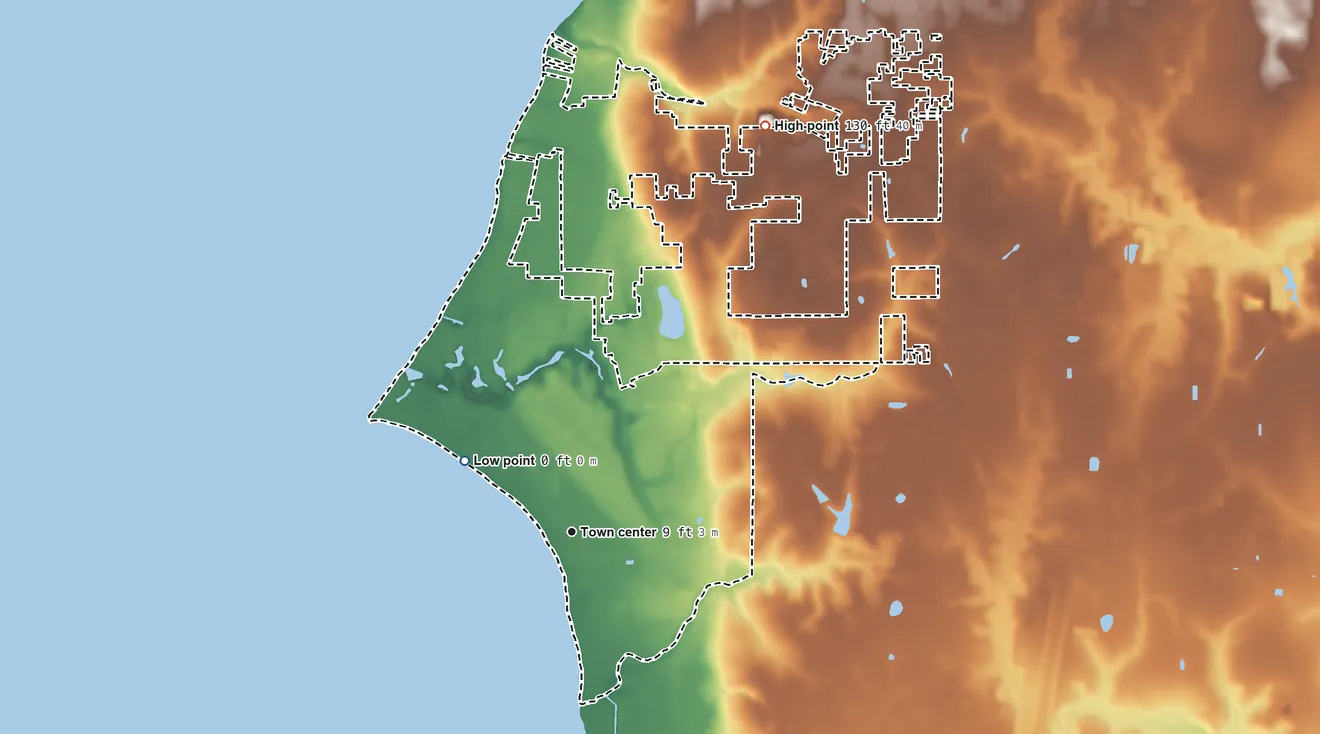 Topographic elevation map of Point Clear, Alabama, shaded from sea level level on Mobile Bay to 130 ft on the northeast side