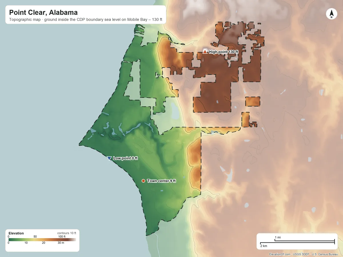 Topographic elevation map of Point Clear, Alabama, shaded from sea level level on Mobile Bay to 130 ft on the northeast side