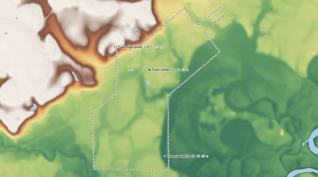 Topographic elevation map of Pollard, Alabama, shaded from 48 ft on the south side to 120 ft on the northwest side