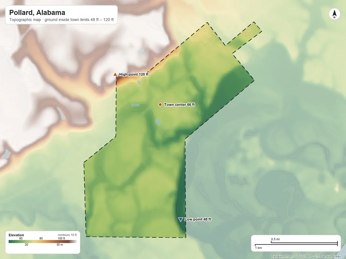 Topographic elevation map of Pollard, Alabama, shaded from 48 ft on the south side to 120 ft on the northwest side