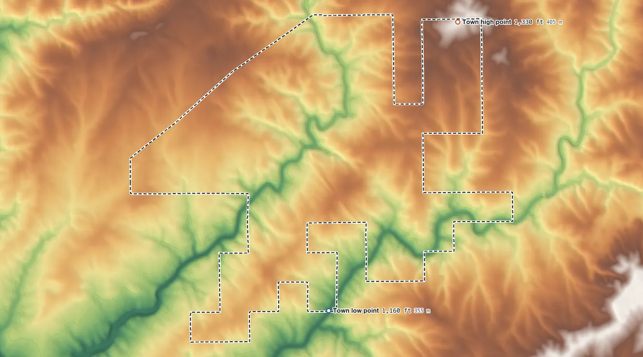 Topographic elevation map of Powell, Alabama, shaded from 1,160 ft on the south side to 1,330 ft on the northeast side