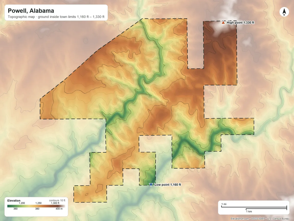 Topographic elevation map of Powell, Alabama, shaded from 1,160 ft on the south side to 1,330 ft on the northeast side