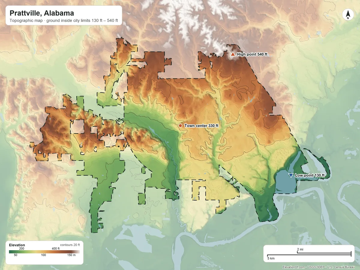 Topographic elevation map of Prattville, Alabama, shaded from 130 ft on the southeast side to 540 ft on the northeast side