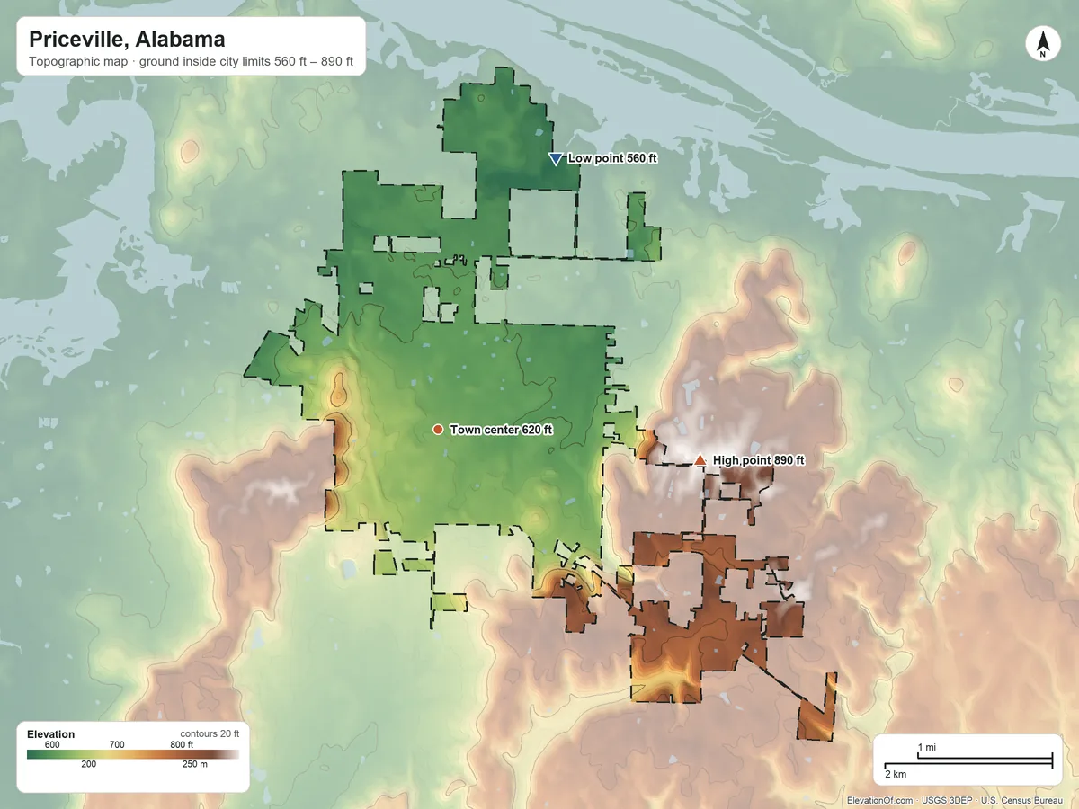 Topographic elevation map of Priceville, Alabama, shaded from 560 ft on the northeast side to 890 ft on the east side