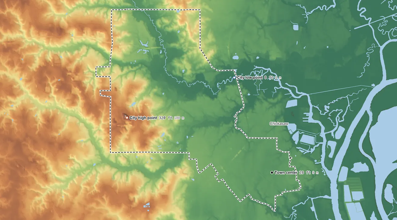 Topographic elevation map of Prichard, Alabama, shaded from 0 ft on the north side to 320 ft on the west side